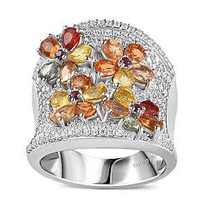 Multi Sapphire and Multi Gemstone Floral Ring in Platinum Over Sterling Silver (Size 7.0) 3.20 ctw