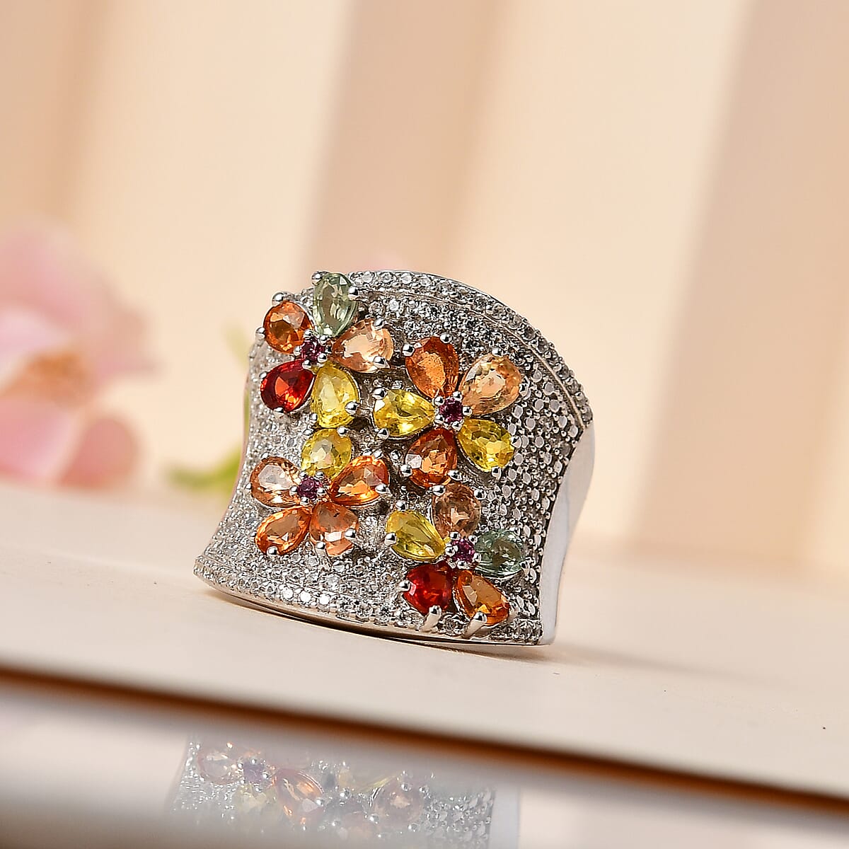 Multi Sapphire and Multi Gemstone Floral Ring in Platinum Over Sterling Silver (Size 7.0) 3.20 ctw image number 1