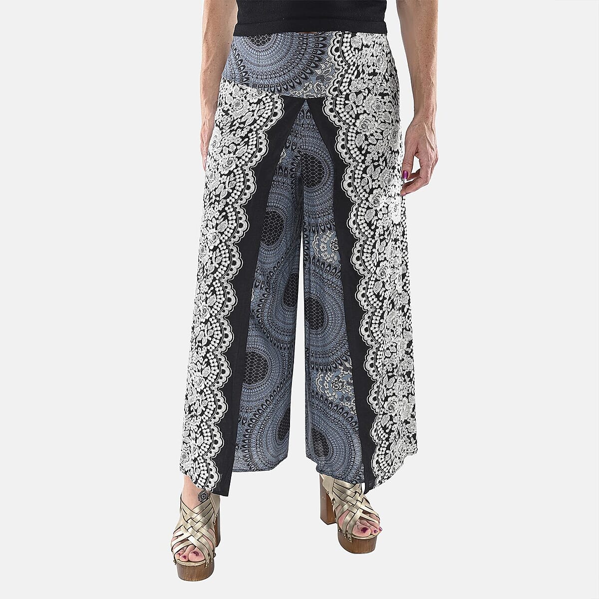 Tamsy Black Mandala High Waist Palazzo Split Pant - One Size Fits Most image number 3