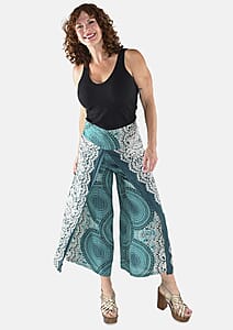 Tamsy Teal Mandala High Waist Palazzo Split Pant - One Size Fits Most