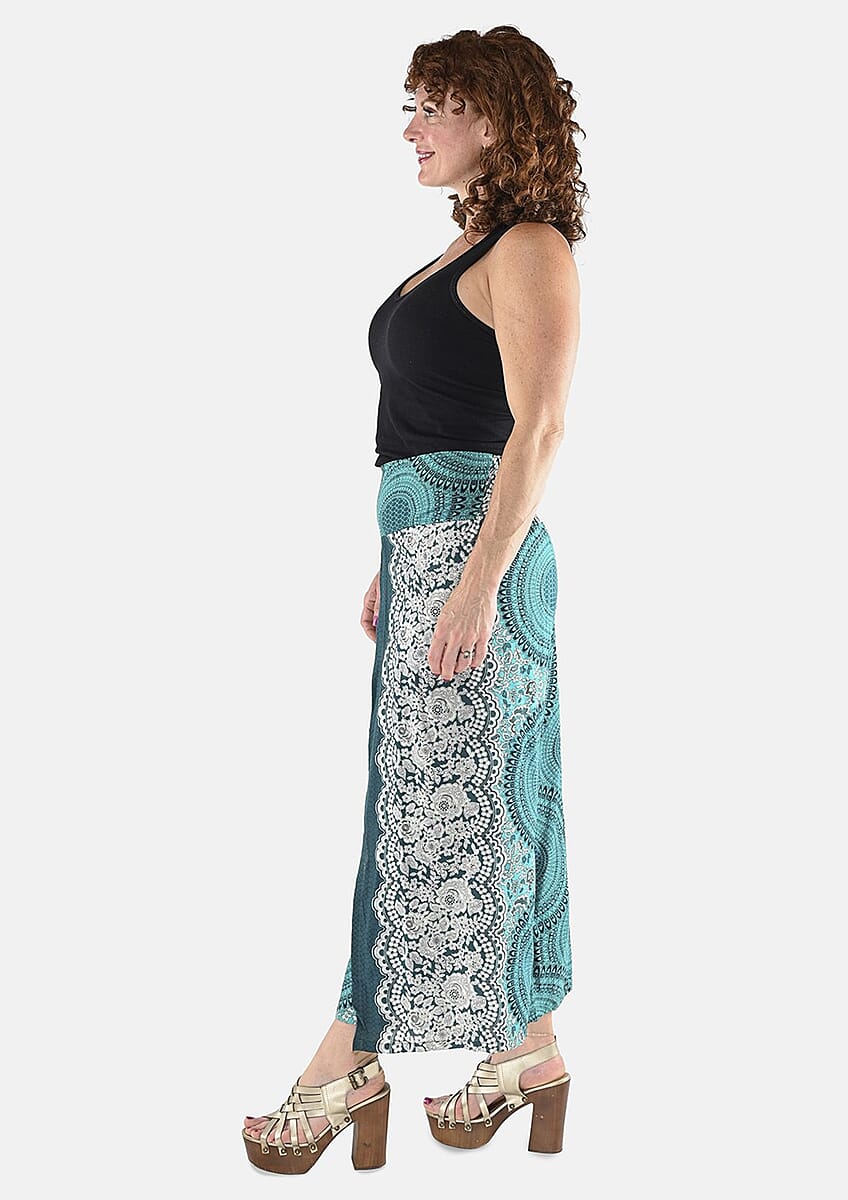 Tamsy Teal Mandala High Waist Palazzo Split Pant - One Size Fits Most image number 2