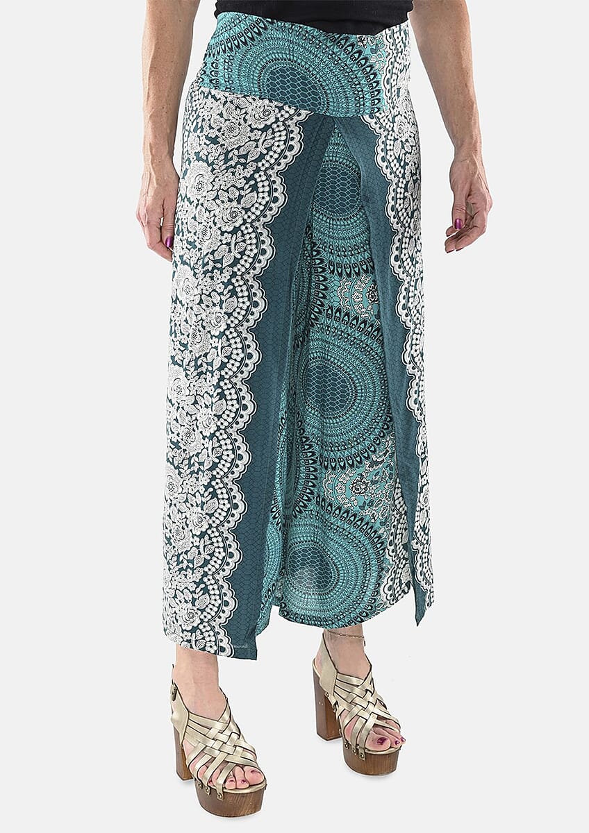 Tamsy Teal Mandala High Waist Palazzo Split Pant - One Size Fits Most image number 3