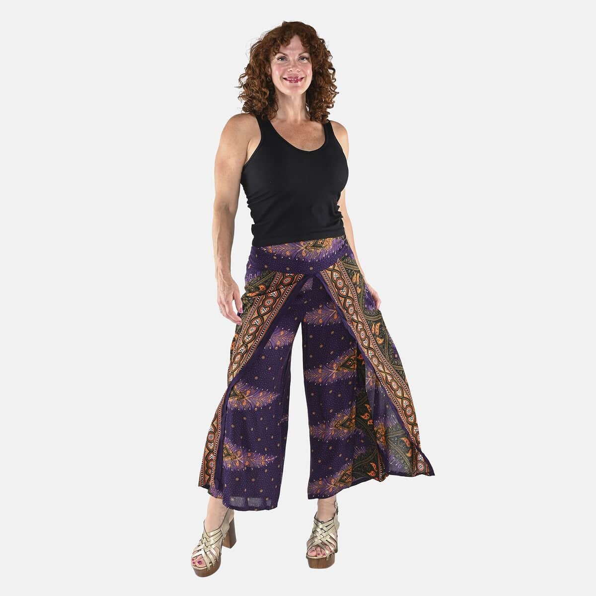 Tamsy Purple Feather High Waist Palazzo Split Pant - One Size Fits Most image number 0