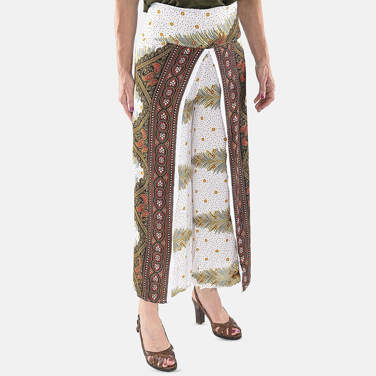 Tamsy White Feather High Waist Palazzo Split Pant - One Size Fits Most image number 3