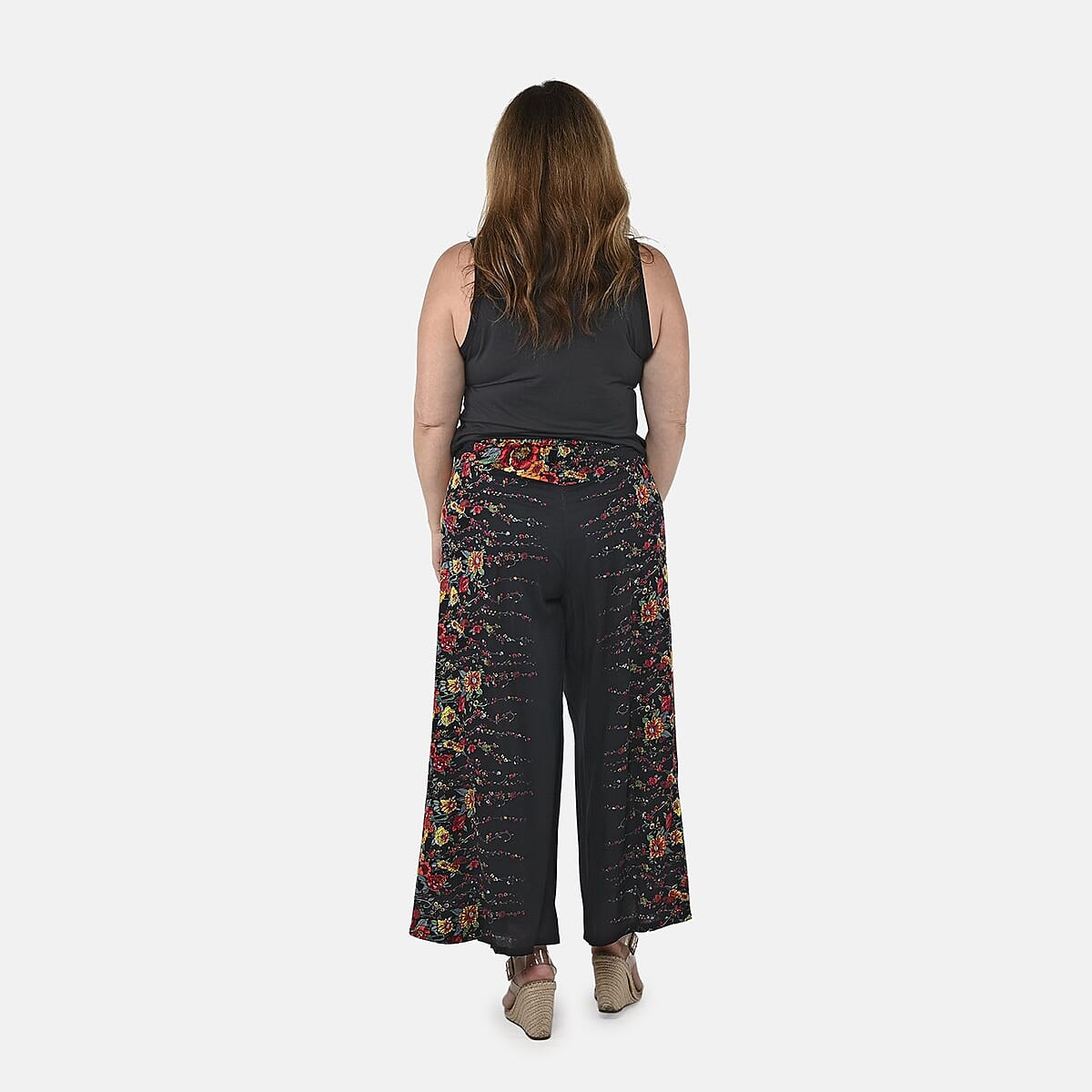 Tamsy Black Floral High Waist Palazzo Split Pant - One Size Fits Most image number 1