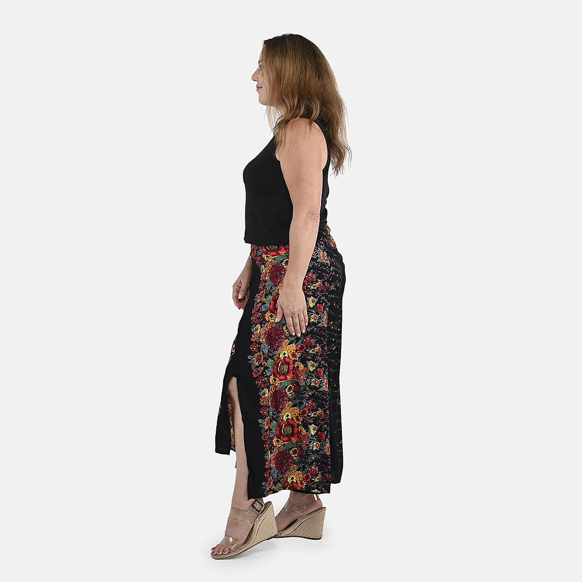 Tamsy Black Floral High Waist Palazzo Split Pant - One Size Fits Most image number 2