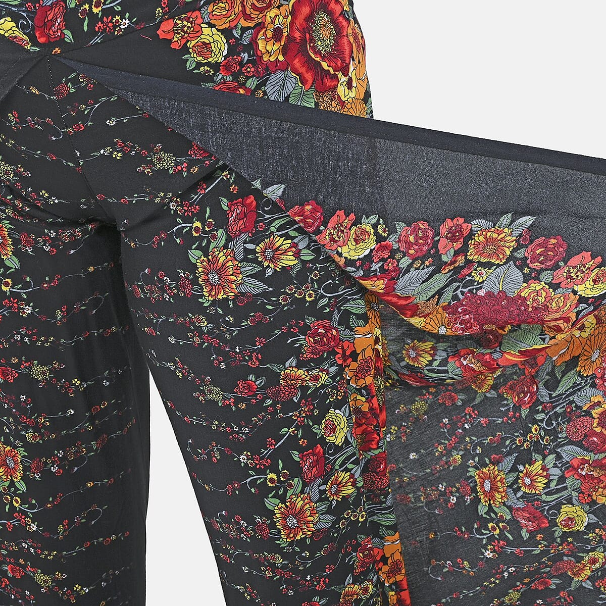 Tamsy Black Floral High Waist Palazzo Split Pant - One Size Fits Most image number 3