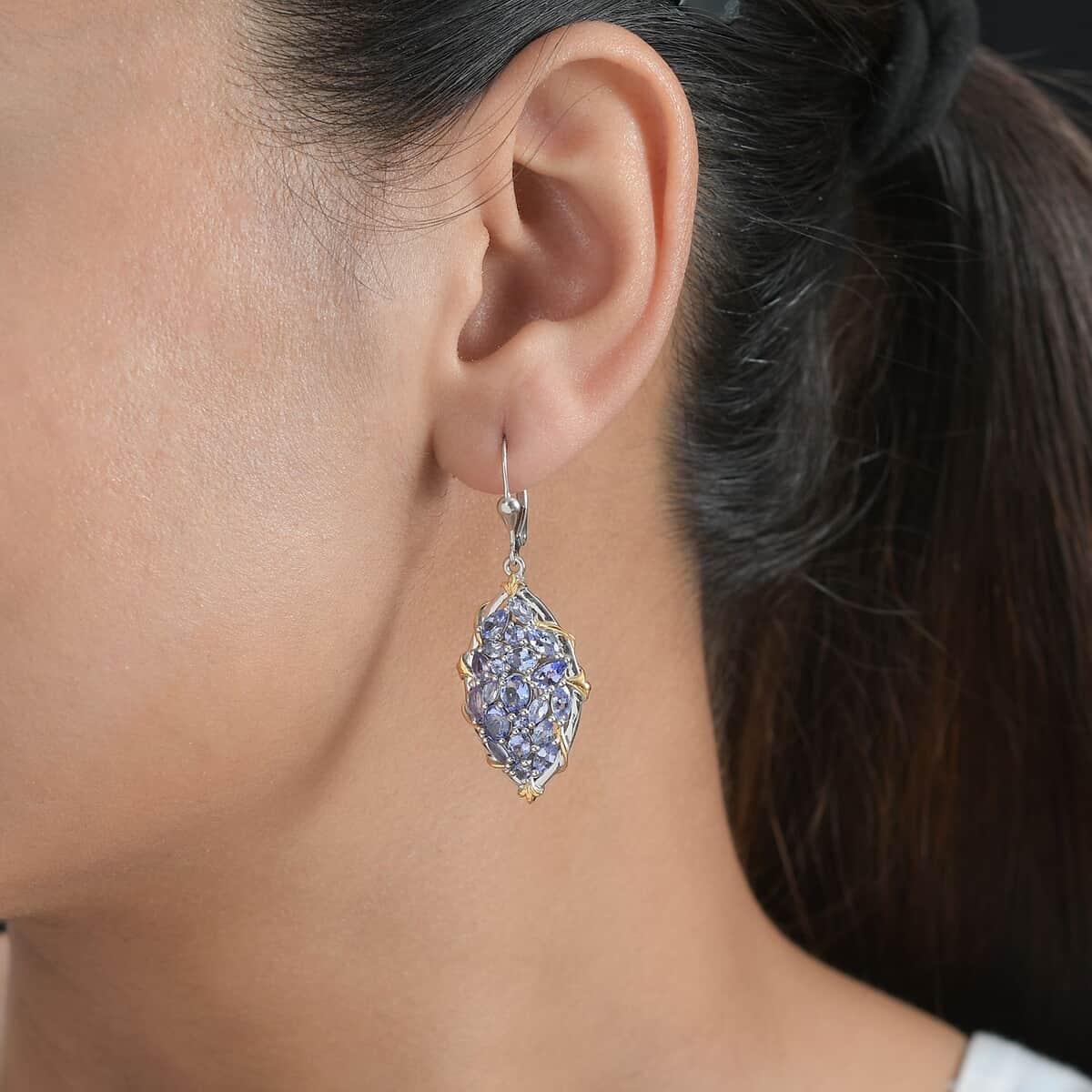 Tanzanite Lever Back Earrings in 14K YG and Platinum Over Sterling Silver 5.50 ctw image number 2