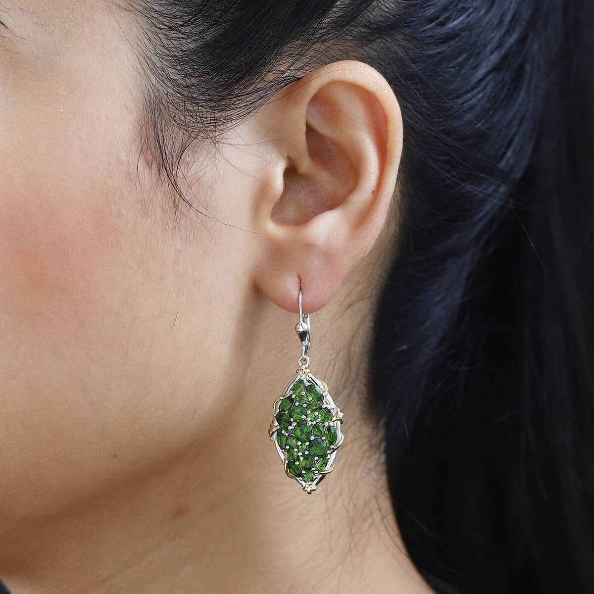 Chrome Diopside Lever Back Earrings in Vermeil YG and Platinum Over Sterling Silver 6.20 ctw image number 2