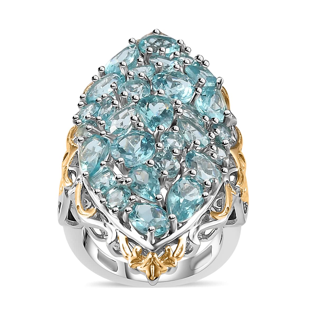 Mega Clearance Madagascar Paraiba Apatite Cluster Ring in Vermeil YG and Platinum Over Sterling Silver 7.10 ctw image number 0