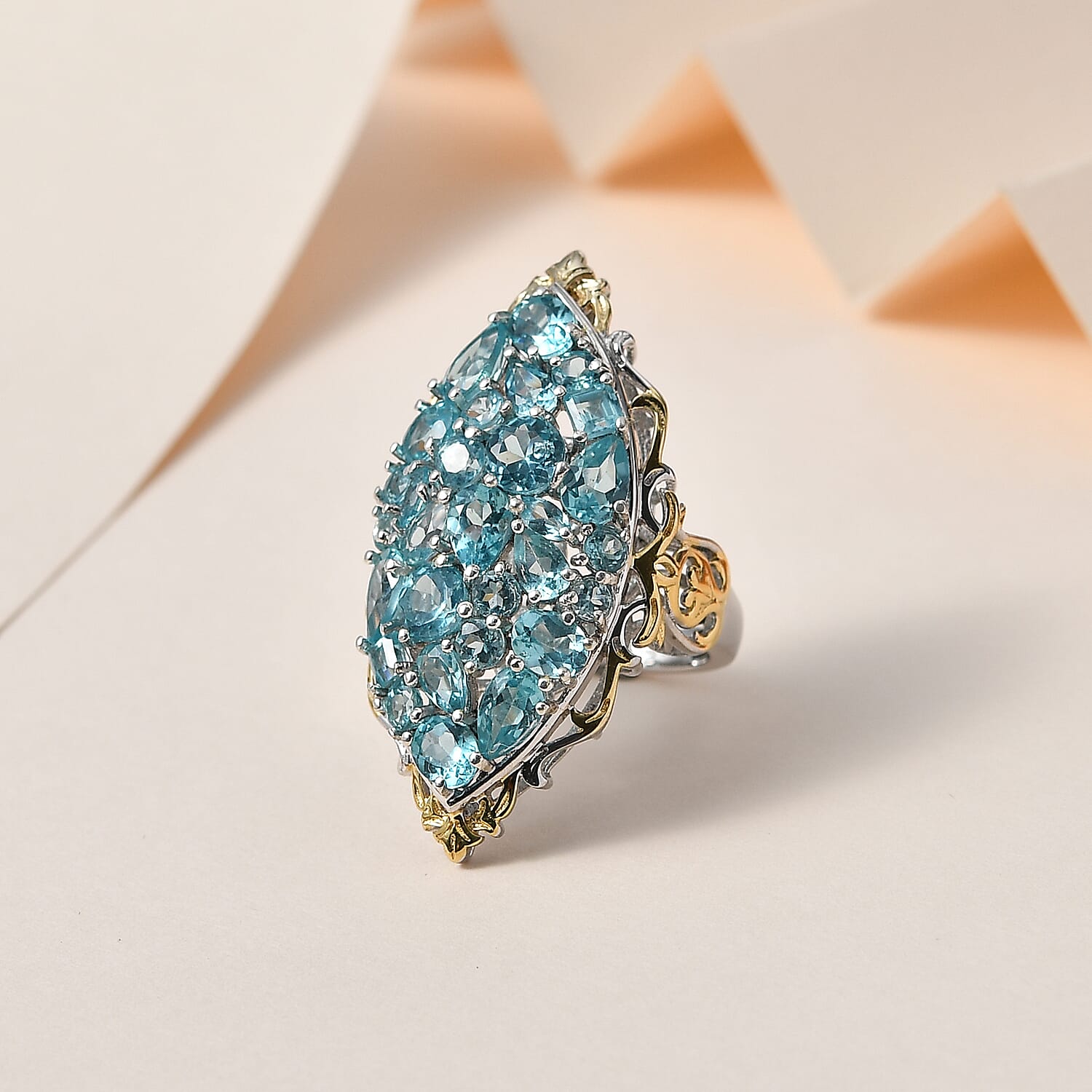 Betroka Blue Apatite Cluster Ring in Vermeil YG and Platinum Over Sterling Silver (Size 10.0) 7.10 ctw