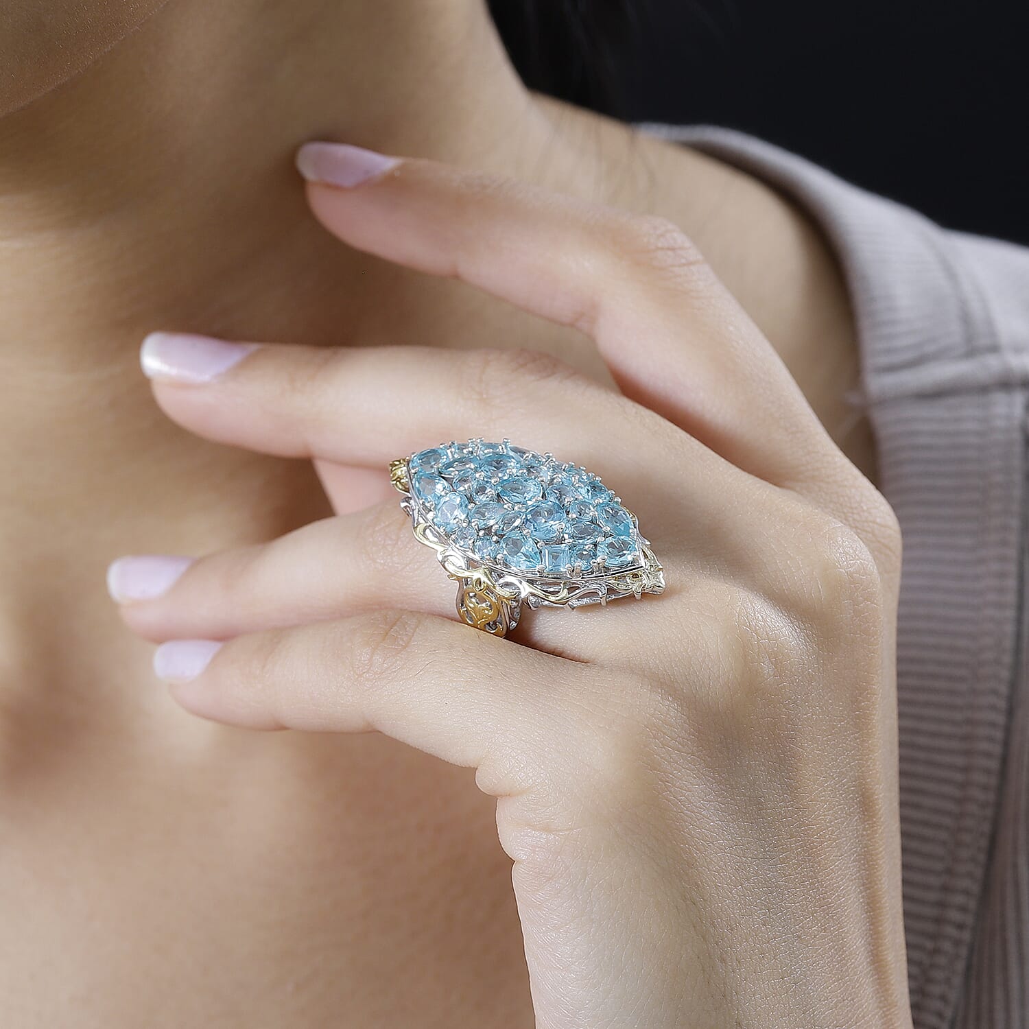 Betroka Blue Apatite Cluster Ring in Vermeil YG and Platinum Over Sterling Silver (Size 10.0) 7.10 ctw