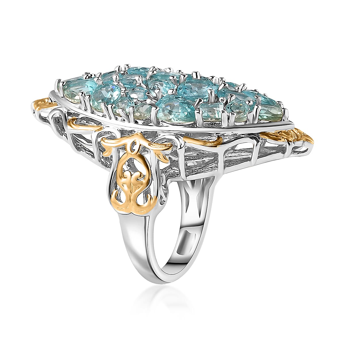 Betroka Blue Apatite Cluster Ring in Vermeil YG and Platinum Over Sterling Silver (Size 10.0) 7.10 ctw