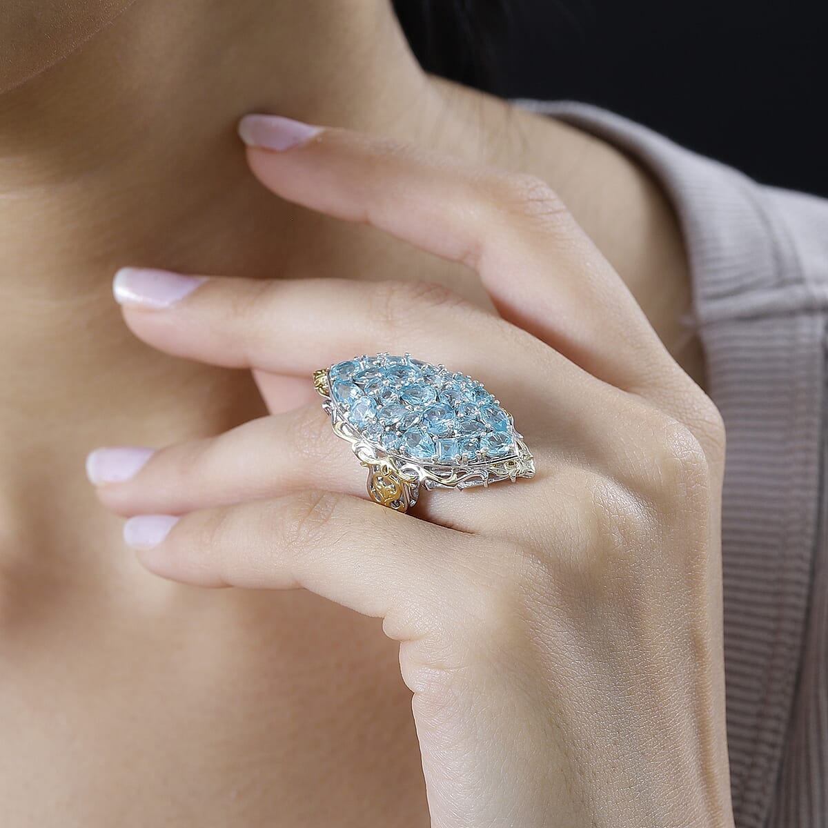 Betroka Blue Apatite Cluster Ring in Vermeil YG and Platinum Over Sterling Silver (Size 5.0) 7.10 ctw image number 2