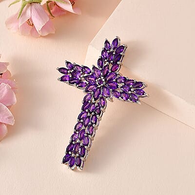 D'Joy Lusaka Amethyst Cross Pendant without Chain in Platinum Over Sterling Silver 7.85 ctw
