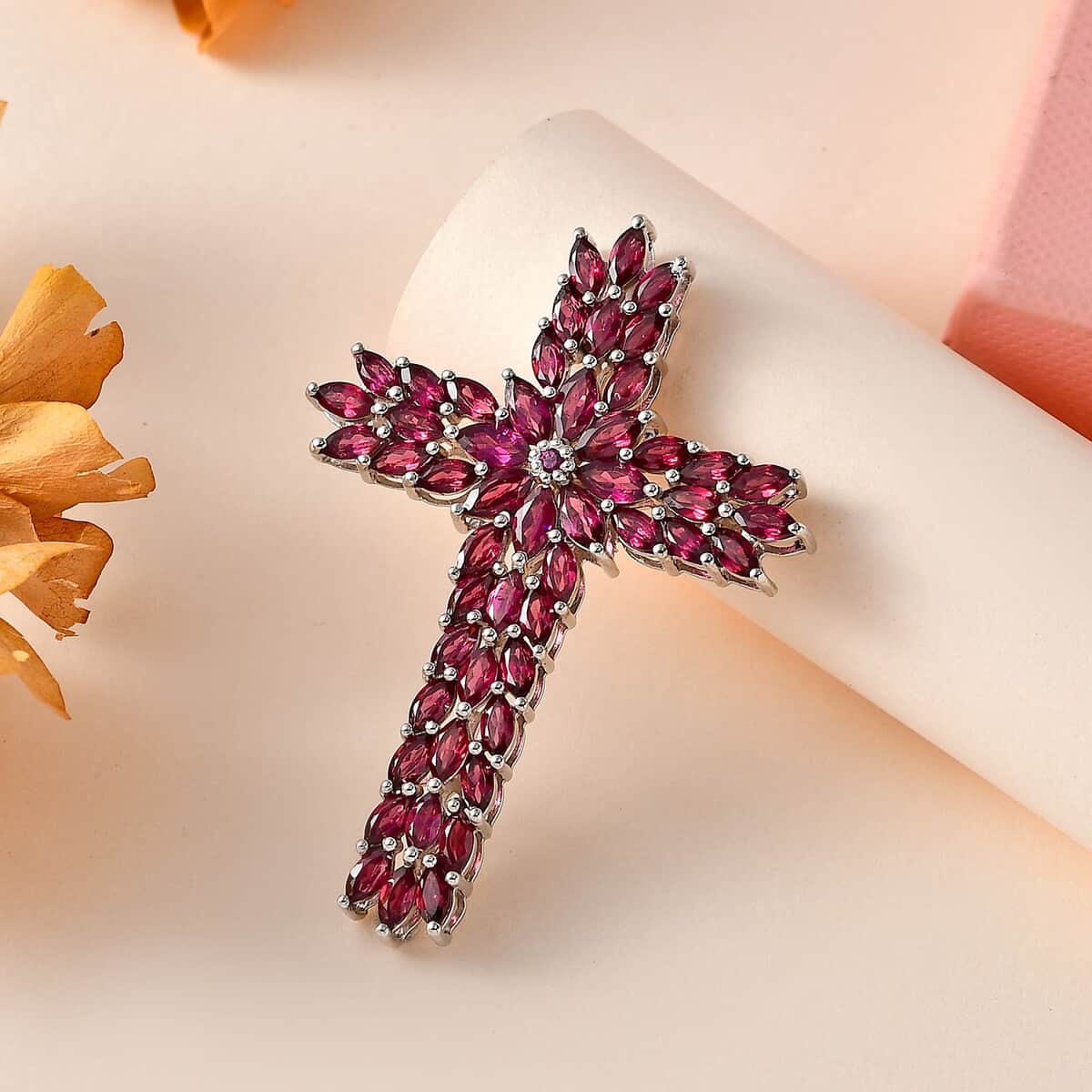 Orissa Rhodolite Garnet Cross Pendant in Platinum Over Sterling Silver 10.40 ctw image number 1