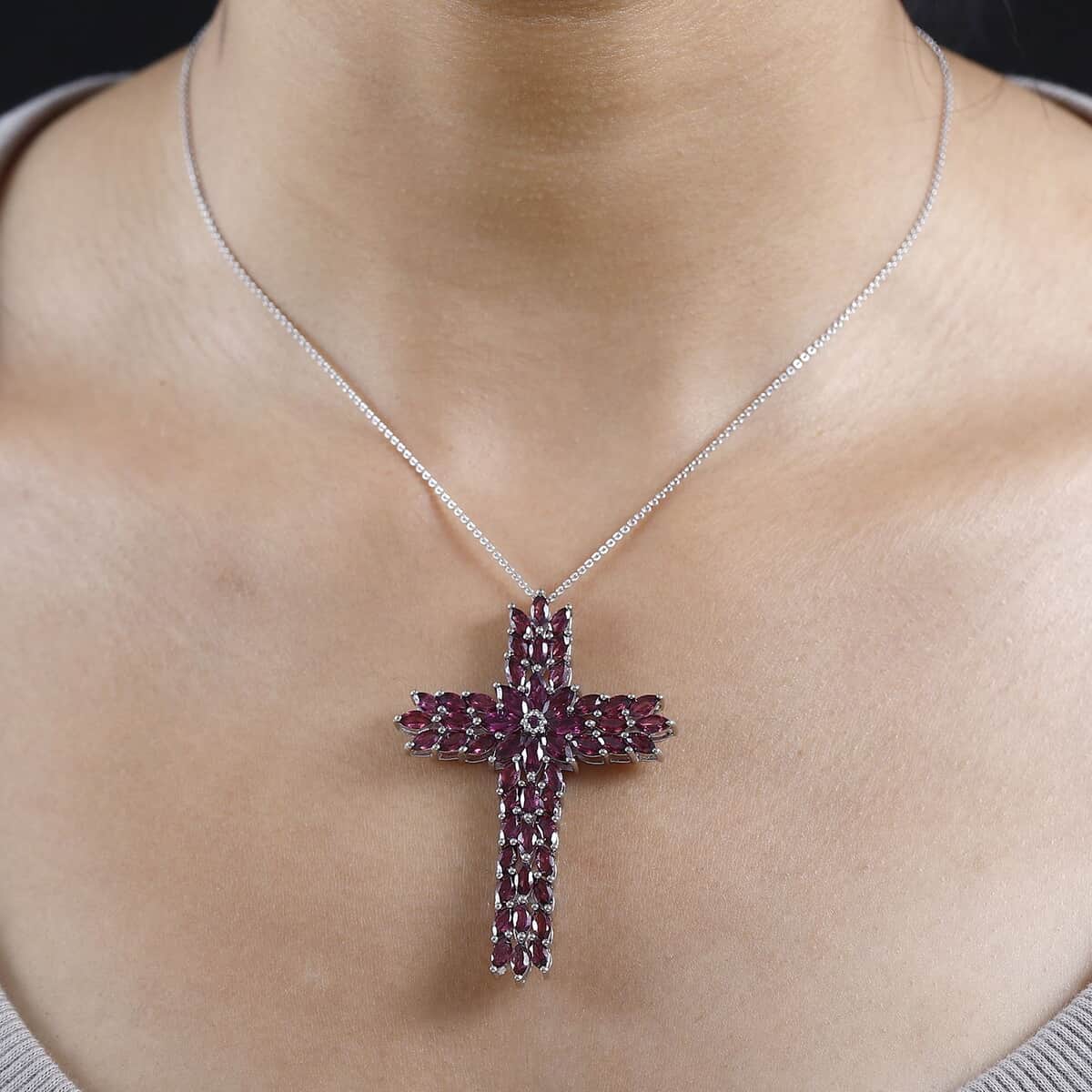 Orissa Rhodolite Garnet Cross Pendant in Platinum Over Sterling Silver 10.40 ctw image number 2