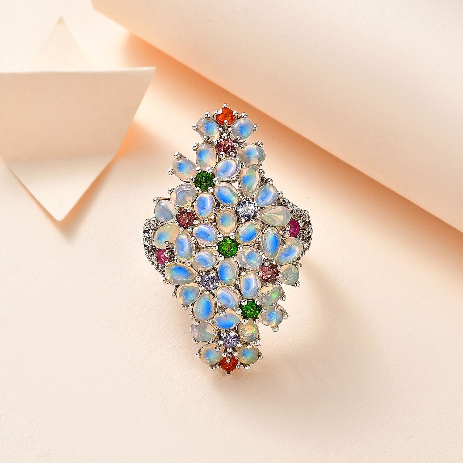 Premium Ethiopian Welo Opal and Multi Gemstone Ring in Platinum Over Sterling Silver (Size 10.0) 5.75 ctw