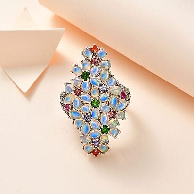 Premium Ethiopian Welo Opal and Multi Gemstone Ring in Platinum Over Sterling Silver (Size 10.0) 5.75 ctw