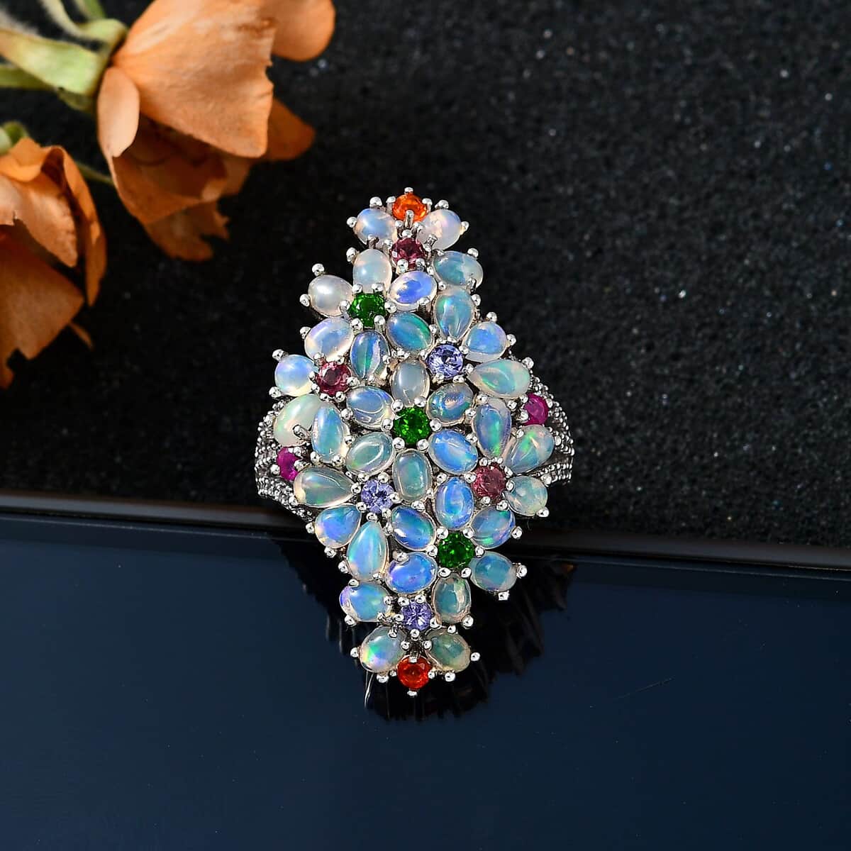 Premium Ethiopian Welo Opal and Multi Gemstone Ring in Platinum Over Sterling Silver (Size 10.0) 5.75 ctw image number 2