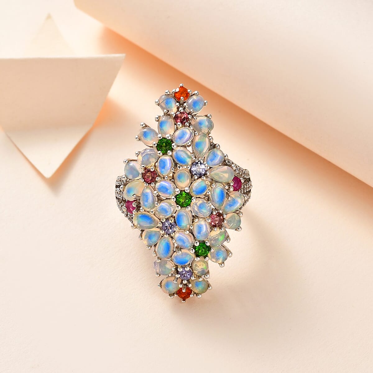 Premium Ethiopian Welo Opal and Multi Gemstone Ring in Platinum Over Sterling Silver (Size 6.0) 5.75 ctw image number 1