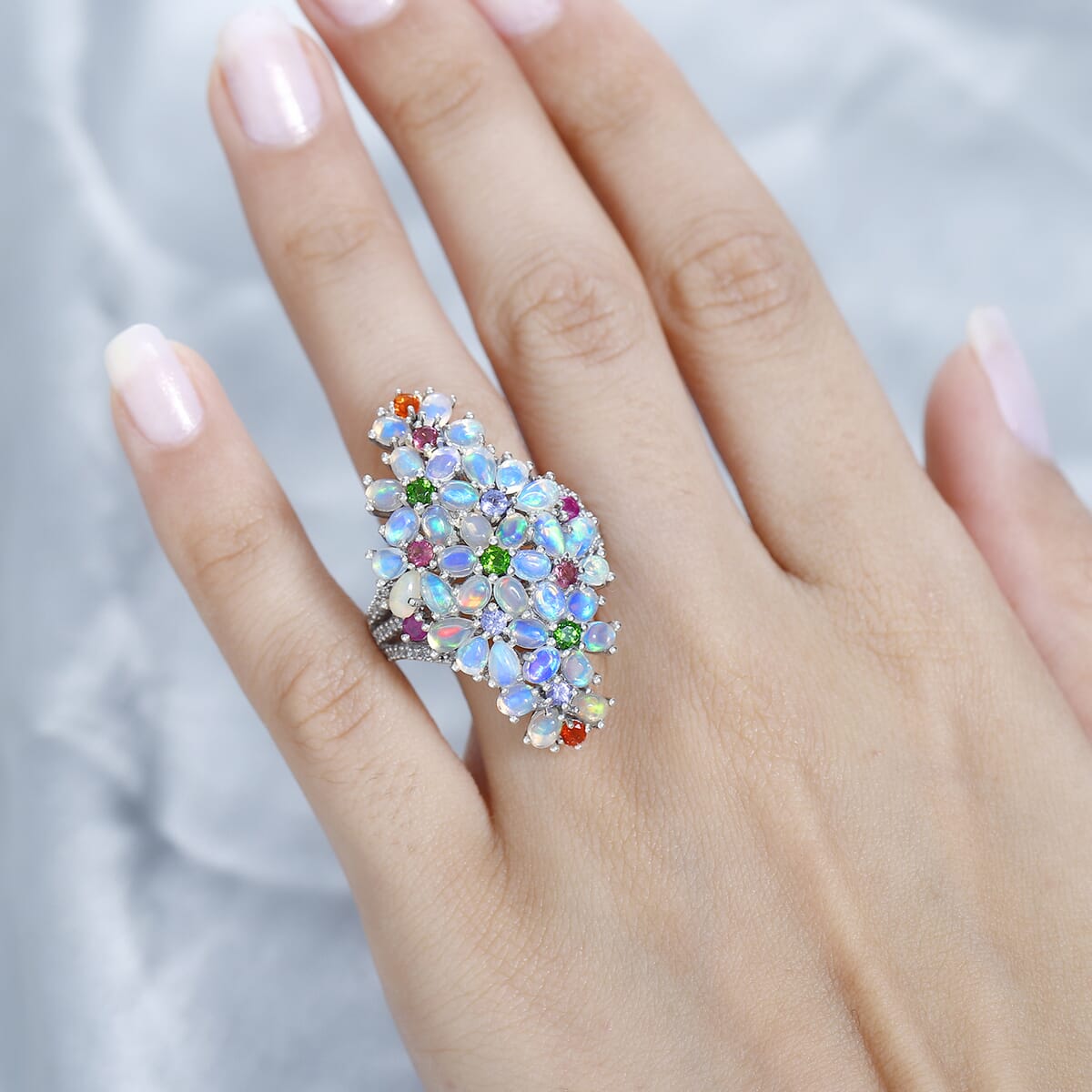 Premium Ethiopian Welo Opal and Multi Gemstone Ring in Platinum Over Sterling Silver (Size 6.0) 5.75 ctw image number 3