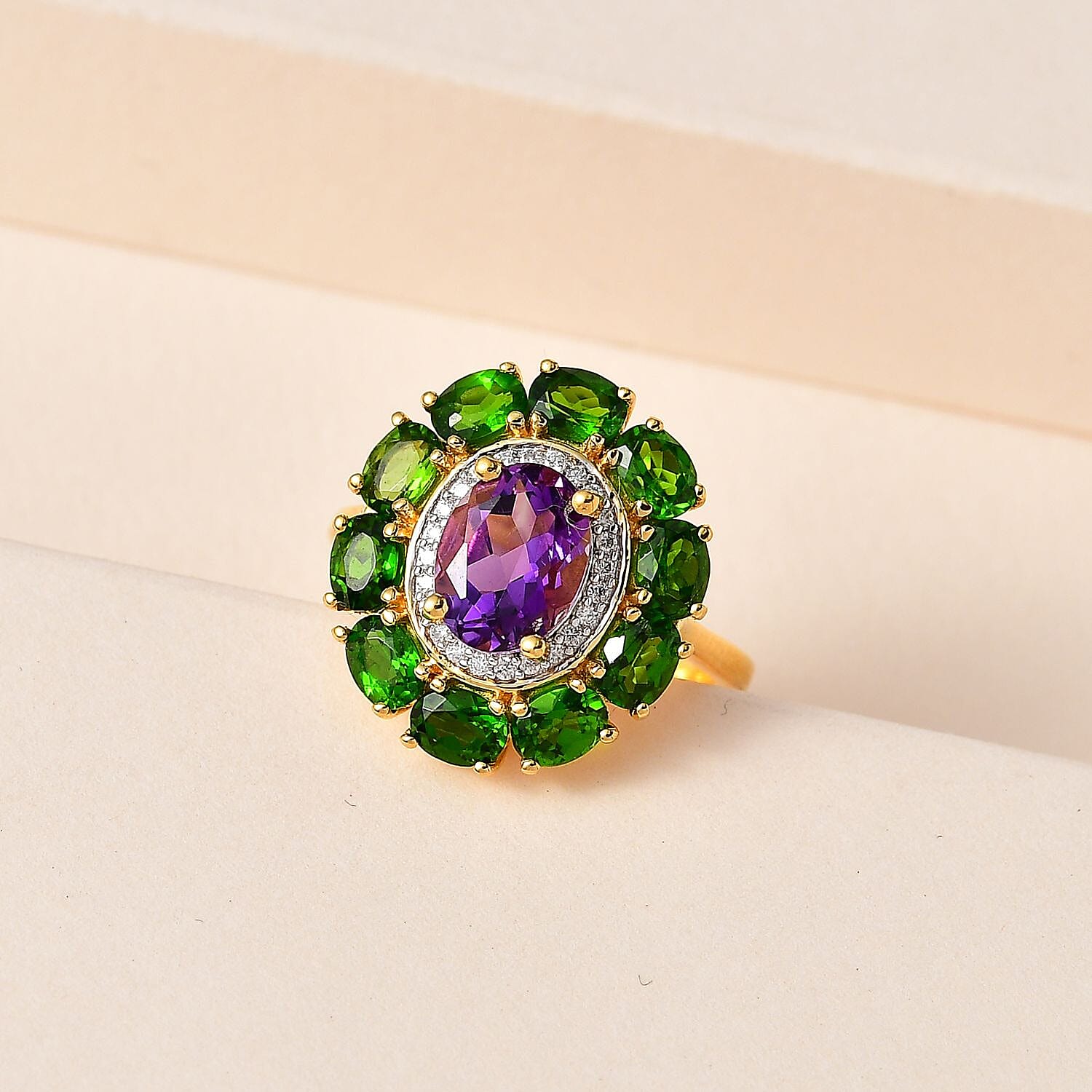 Moroccan Amethyst and Multi Gemstone Floral Ring in Vermeil Yellow Gold Over Sterling Silver (Size 10.0) 3.30 ctw