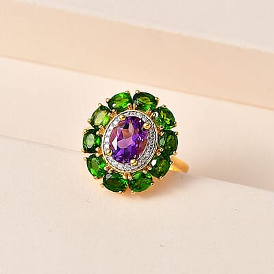 Moroccan Amethyst and Multi Gemstone Floral Ring in Vermeil Yellow Gold Over Sterling Silver (Size 10.0) 3.30 ctw