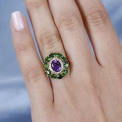 Moroccan Amethyst and Multi Gemstone Floral Ring in Vermeil Yellow Gold Over Sterling Silver (Size 10.0) 3.30 ctw