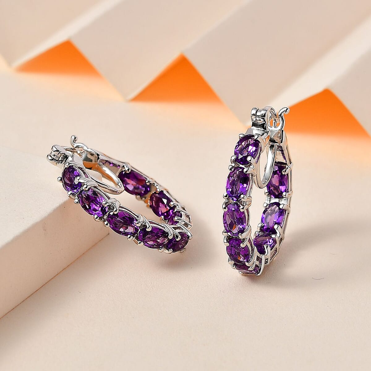 Moroccan Amethyst Hoop Earrings in Platinum Over Sterling Silver 6.85 ctw image number 1