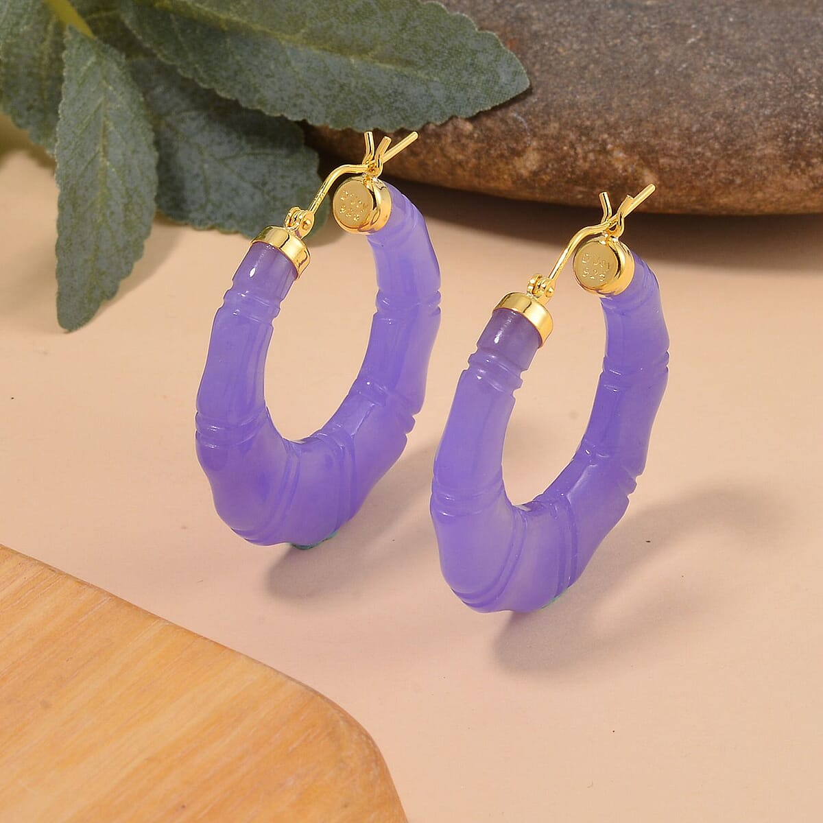 D'JOY Purple Jade (D) Carved Hoop Earrings in 14K YG Over Sterling Silver 80.00 ctw image number 1