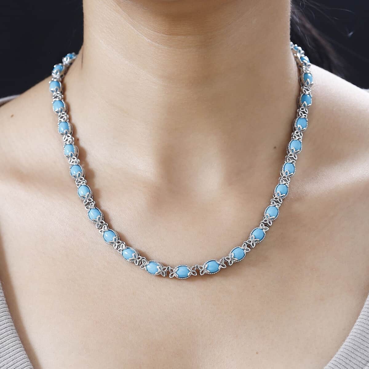 Premium Sleeping Beauty Turquoise Necklace 18-20 Inches in Platinum Over Sterling Silver 23.80 ctw image number 2
