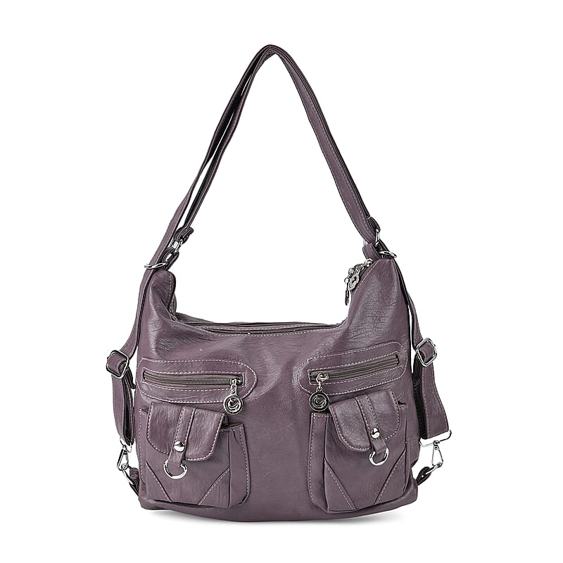 Purple Faux Leather 2 In 1 Crossbody Bag / Backpack with Shoulder Strap