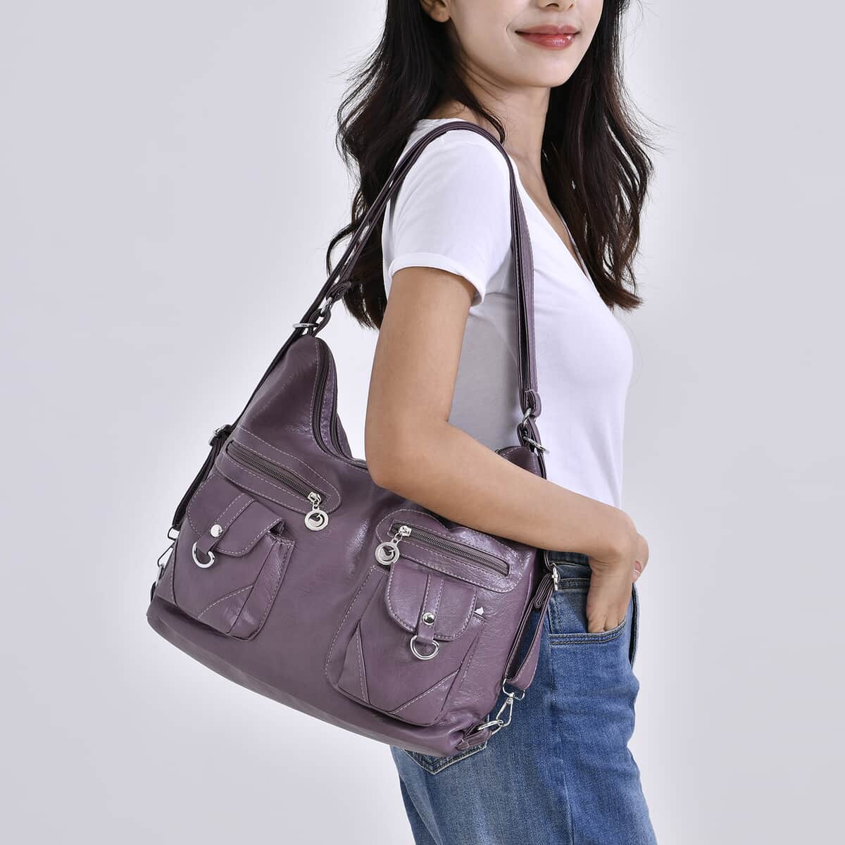 Purple Faux Leather 2 In 1 Crossbody Bag / Backpack with Shoulder Strap image number 1