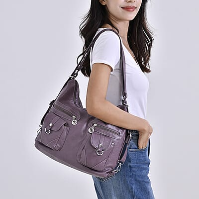 Purple Faux Leather 2 In 1 Crossbody Bag / Backpack with Shoulder Strap