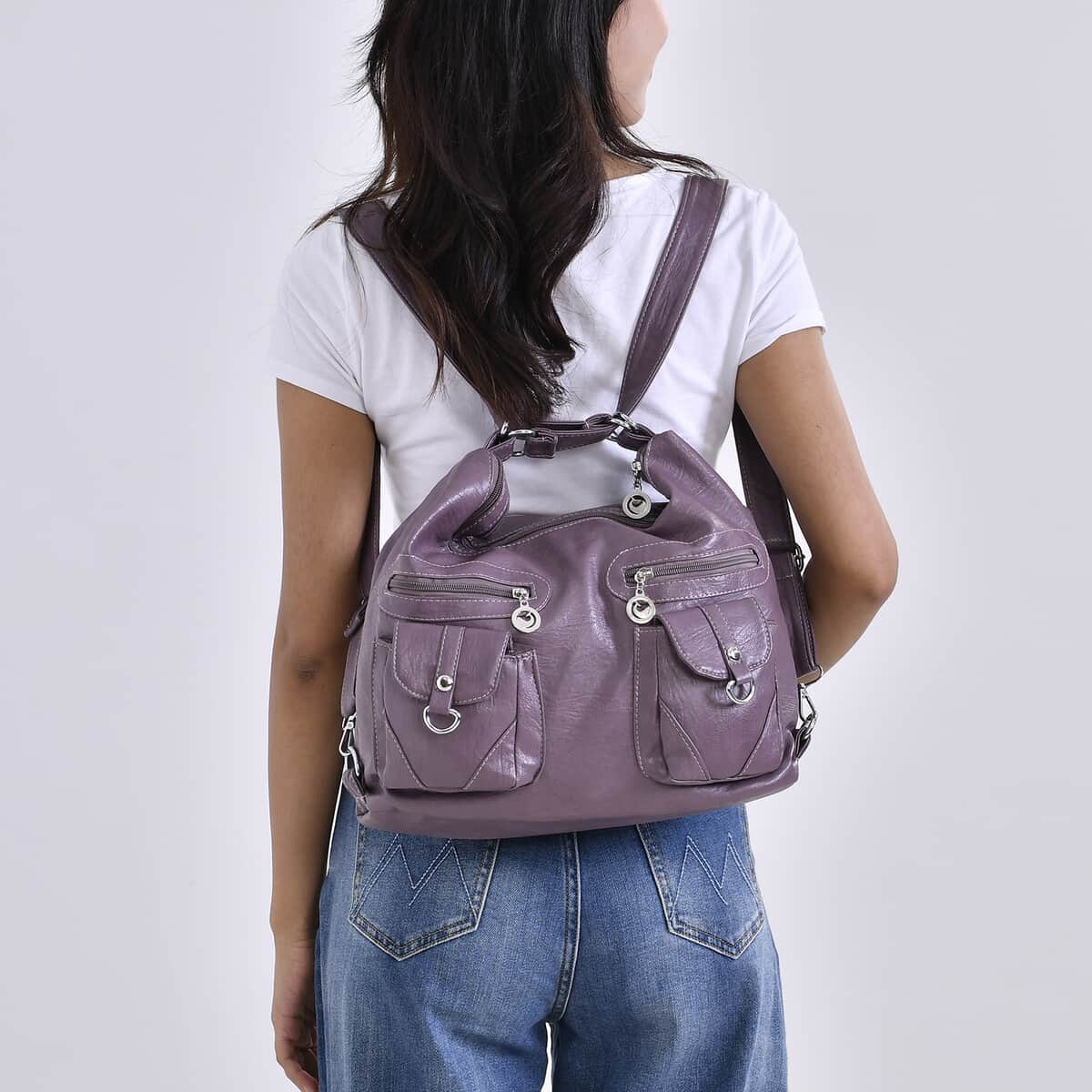 Purple Faux Leather 2 In 1 Crossbody Bag / Backpack with Shoulder Strap image number 2