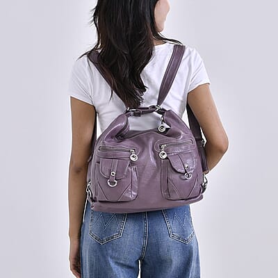 Purple Faux Leather 2 In 1 Crossbody Bag / Backpack with Shoulder Strap