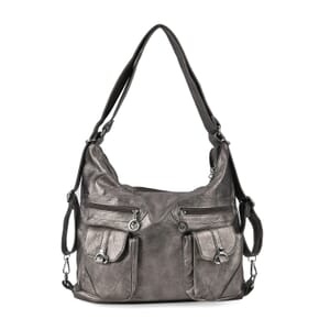 Gray Faux Leather 2 In 1 Crossbody Bag / Backpack with Shoulder Strap