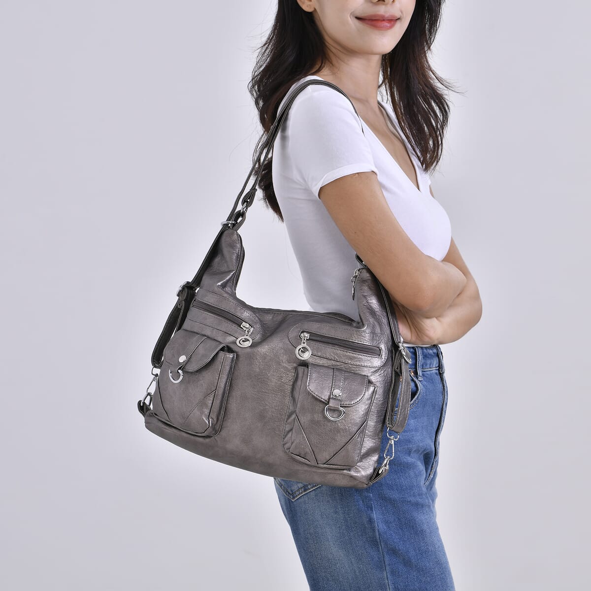 Gray Faux Leather 2 In 1 Crossbody Bag / Backpack with Shoulder Strap image number 1