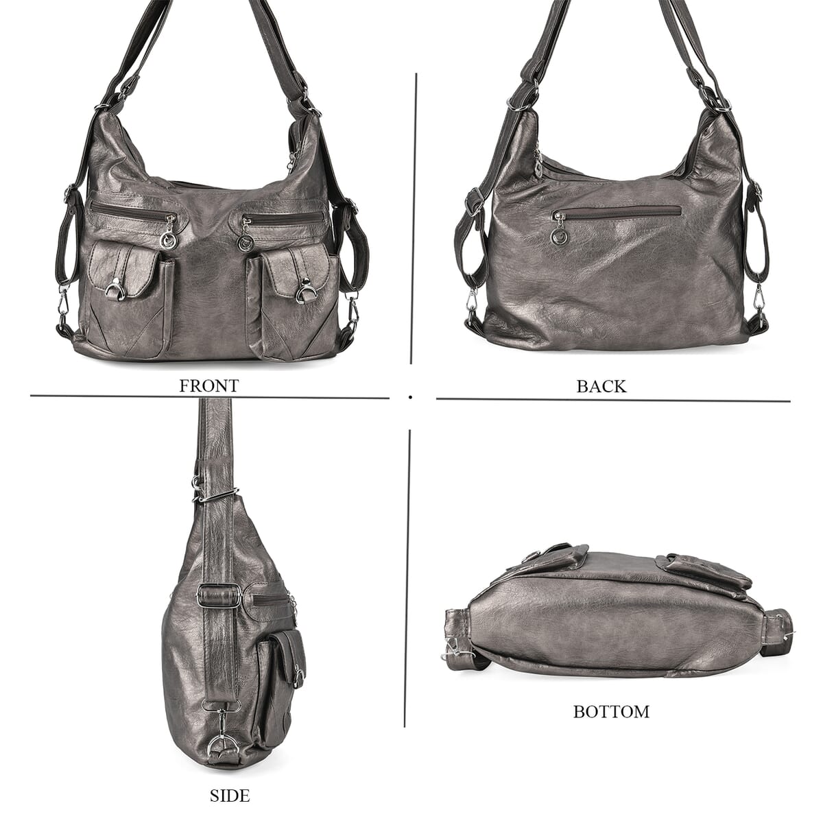 Gray Faux Leather 2 In 1 Crossbody Bag / Backpack with Shoulder Strap image number 3