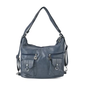 Blue Faux Leather 2 In 1 Crossbody Bag / Backpack with Shoulder Strap