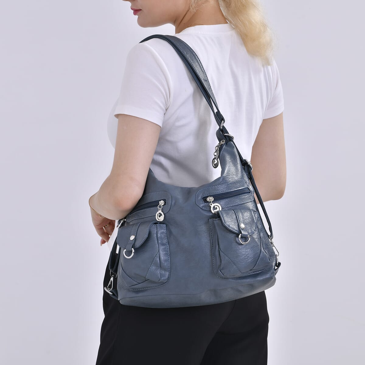 Blue Faux Leather 2 In 1 Crossbody Bag / Backpack with Shoulder Strap image number 1