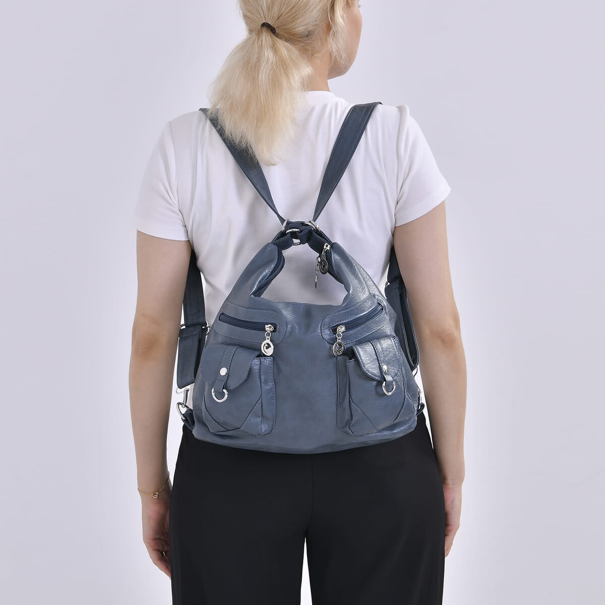 Blue Faux Leather 2 In 1 Crossbody Bag / Backpack with Shoulder Strap image number 2