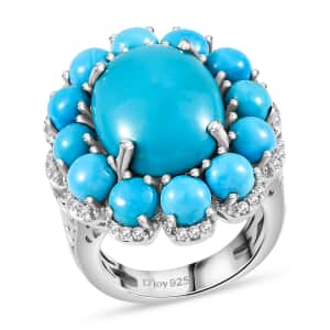 Sleeping Beauty Turquoise and White Zircon Floral Ring in Platinum Over Sterling Silver (Size 10.0) 12.20 ctw