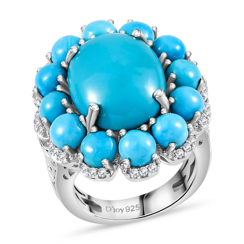 Sleeping Beauty Turquoise and White Zircon Floral Ring in Platinum Over Sterling Silver (Size 10.0) 12.20 ctw