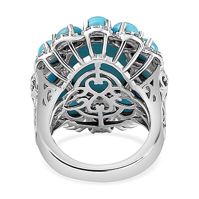 Sleeping Beauty Turquoise and White Zircon Floral Ring in Platinum Over Sterling Silver (Size 10.0) 12.20 ctw