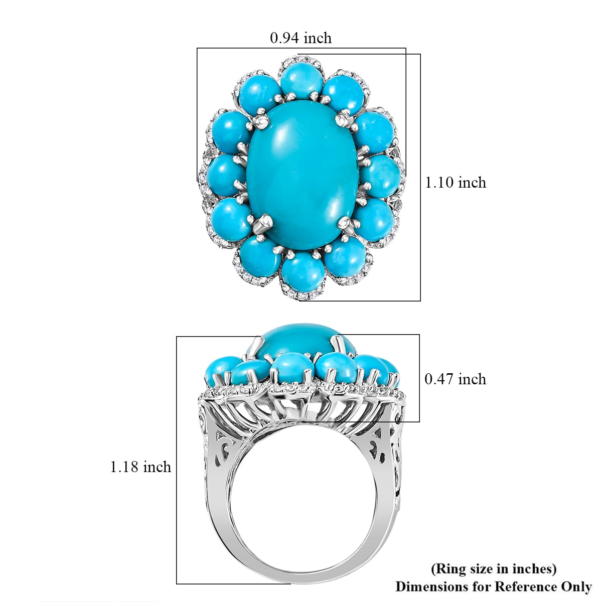 Sleeping Beauty Turquoise and White Zircon Floral Ring in Platinum Over Sterling Silver (Size 6.0) 12.20 ctw image number 5