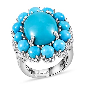 Sleeping Beauty Turquoise and White Zircon Floral Ring in Platinum Over Sterling Silver (Size 8.0) 12.20 ctw