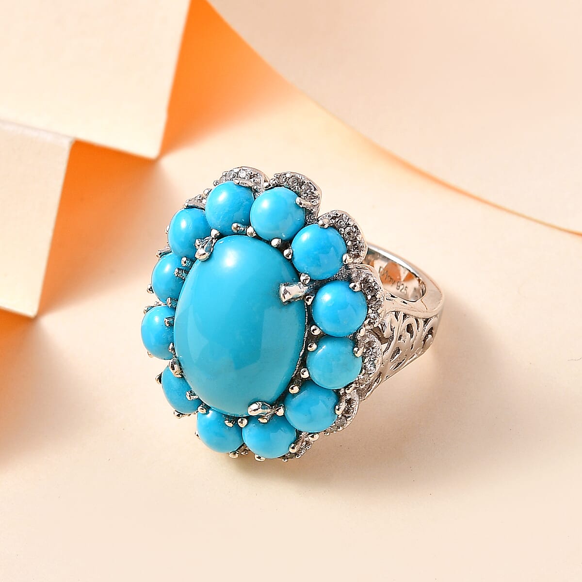 Sleeping Beauty Turquoise and White Zircon Floral Ring in Platinum Over Sterling Silver (Size 8.0) 12.20 ctw image number 1