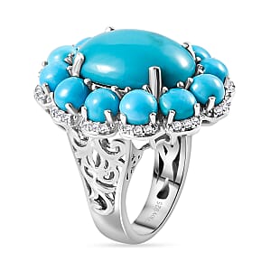 Sleeping Beauty Turquoise and White Zircon Floral Ring in Platinum Over Sterling Silver (Size 8.0) 12.20 ctw